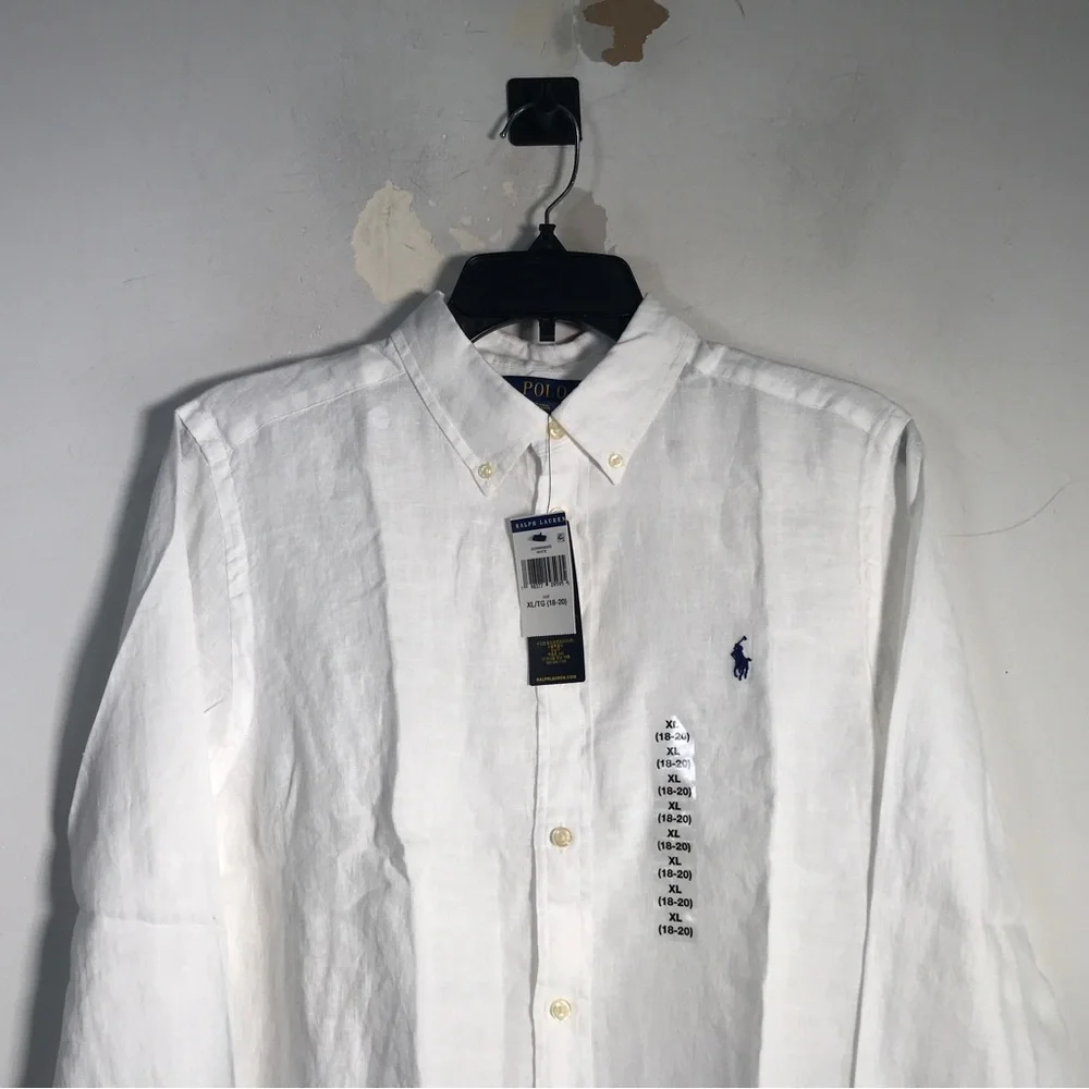 Ralph Lauren Linen Log Sleeve Button Up Shirt, Boy's Size XL 18/20 - White